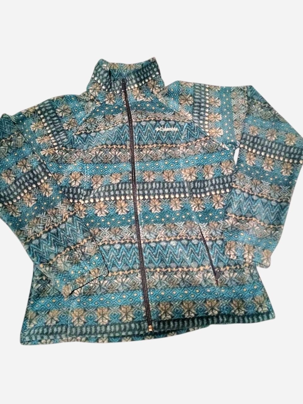Columbia Women's Teal and Cream Patterned Teddy Fleece Jacket